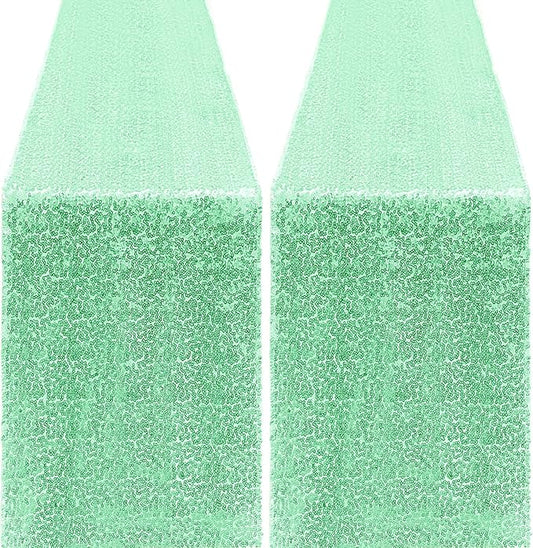 2 Packs 12 x 72 inches Sequin Table Runner, Mint Green Glitter Table Runner for Birthday Party Supplies Wedding Engagement Baby Shower Holiday Celebration Event Decorations