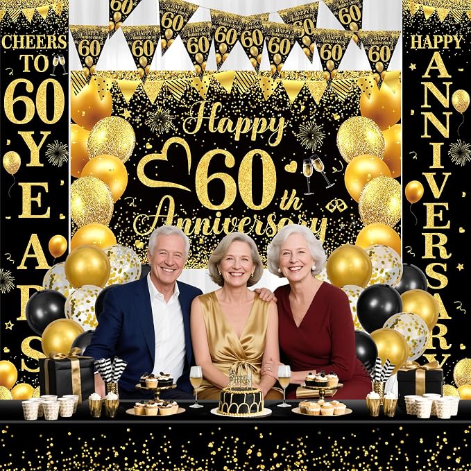 Black Gold Happy 60th Anniversary Decorations for Men Women, Black Gold 60th Wedding Anniversary Party Decorations Banner, Porch Banner, Triangle Flag, Tablecloth and Balloons Kit Party Supplies