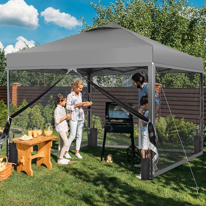 GDY 10x10 Pop-up Canopy Tent with 4-Mosquito Nettings, Outdoor Screen Gazebo with 4 Sandbags, 4 Ropes & 8 Stakes, 3-Level Height Adjustment for Patio, Camping, and Backyard, Grey