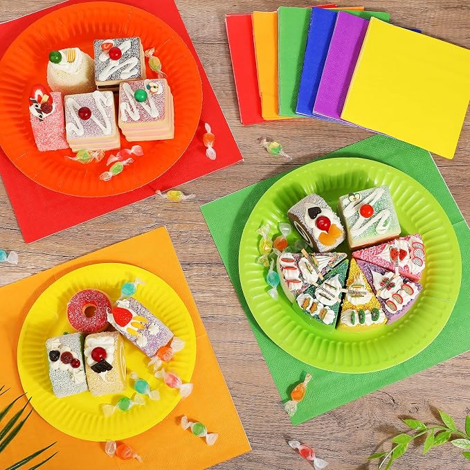 Inbagi 420 Pcs Rainbow Party Supplies Set 7" & 9" Colorful Paper Plates Colored Napkins Cups Spoon Fork Knif Disposable Dinnerware Set for Classroom & Back to School Party Decorations