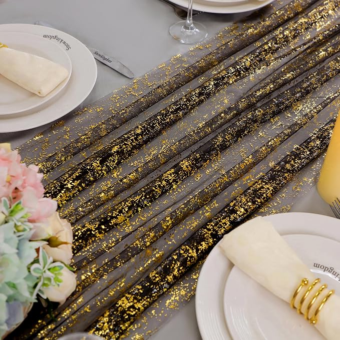 Snowkingdom Black and Gold Cheesecloth Table Runner 10 FT, Sheer Chiffon Sparkle Gauze Mesh Runners 120 Inch, Glitter Table Centerpieces Decoration for Birthday Party Wedding Christmas Halloween