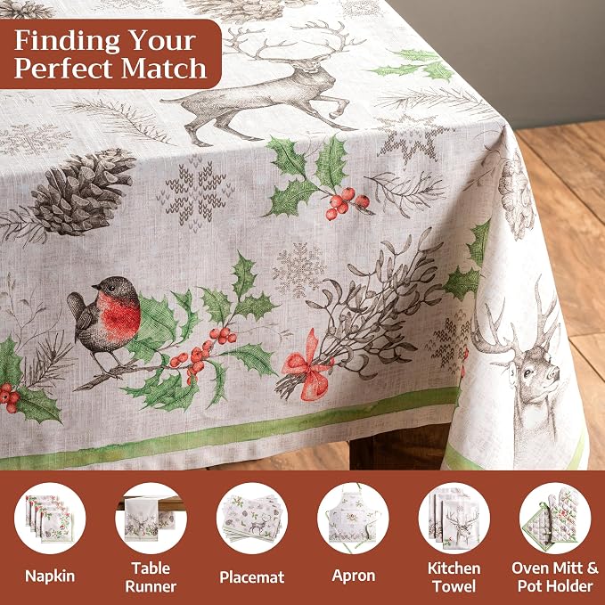 Maison d' Hermine Table Cloth Rectangle Table 100% Cotton 70 x 120 Inches Fall Tablecloth Reusable Everyday Use for Thanksgiving Christmas Decorations Dining Farmhouse Party (Christmas Dew)