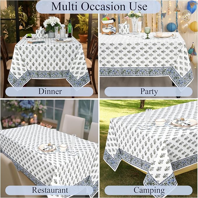 Ridhi Baby Blue Hand Block Print Cotton Rectangle Tablecloth 120" x 60" inches Reusable Table Cover Decorative Everyday Use for Dining Room, Farmhouse, Home Gift for Spring, Mother's Day