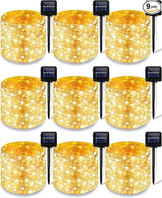 Treela 9 Pack Solar String Lights for Outside, 39 ft 100 LED Outdoor Fairy Lights Waterproof Copper Wire 8 Modes Solar Twinkle Lights for Patio Garden Tree Yard Party Decor(Warm White)