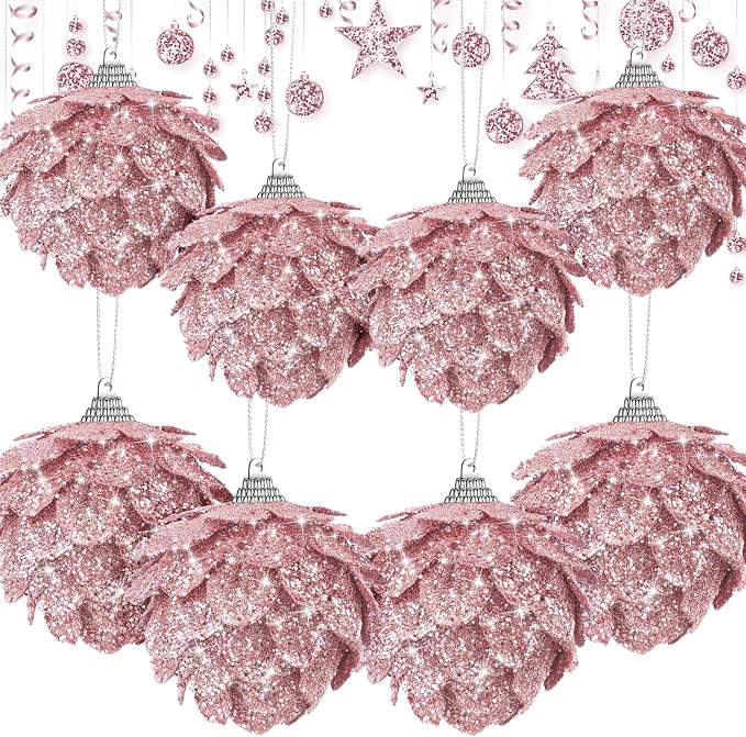 Sratte 8 Pcs Valentine Ball Ornaments Artificial Pinecone Hanging Ornaments Glitter Winter Faux Flower for Xmas Decor, 3.15/2.36 Inch(Rose Gold)