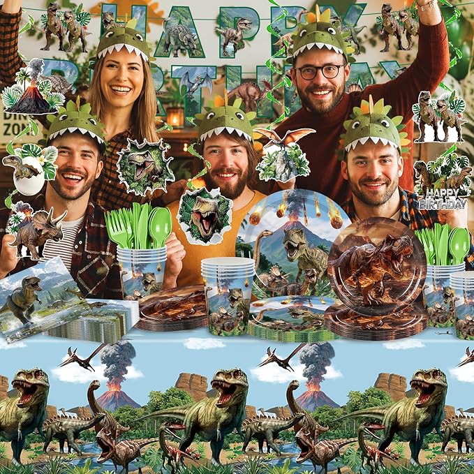 Dinosaur Birthday Party Supplies for 24 Guests, 203PCS Dinosaur Party Decorations with Banner, Tablecloth, Plates, Cups, Napkins, Cutlery, Hanging Swirls, Cake Toppers, Jurassic Party Pack