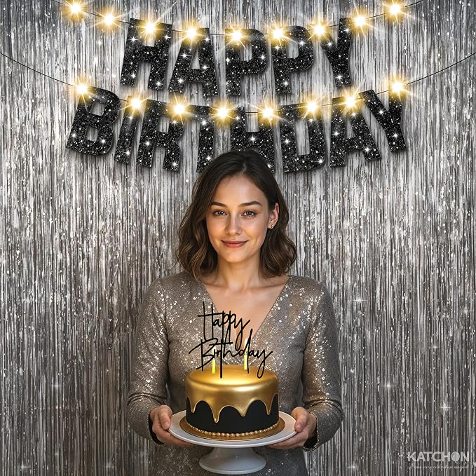 KatchOn, Black and Silver Happy Birthday Banner, Pack of 5 | Silver Fringe Backdrop, LED Lights & Cake Topper | Birthday Decorations, Party Decor for Men, Women, Girls & Boys