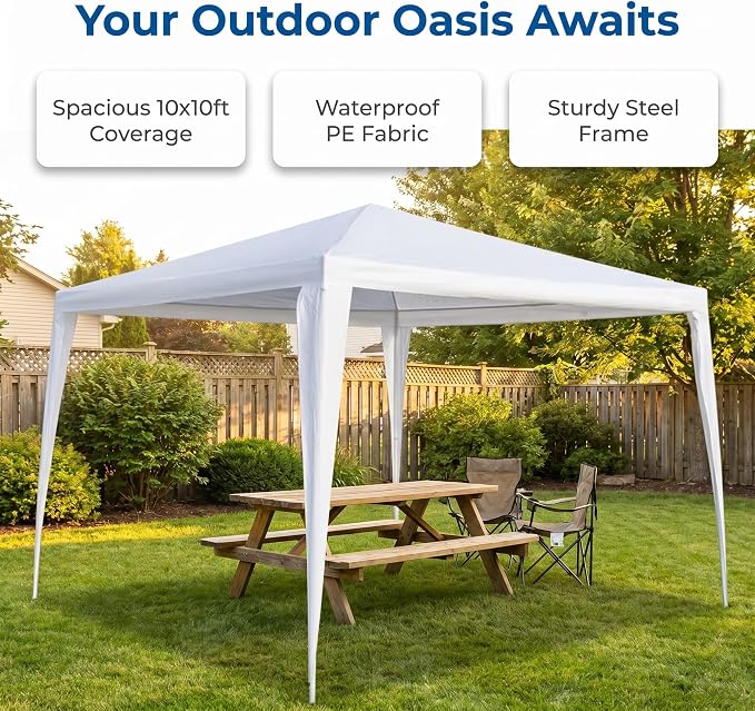 10x10 Canopy Tent – Portable Waterproof Outdoor Shelter with Reinforced Spiral Tube Frame, Easy Setup Party Tent for Wedding, Camping, Backyard Events & Outdoor Activities, White