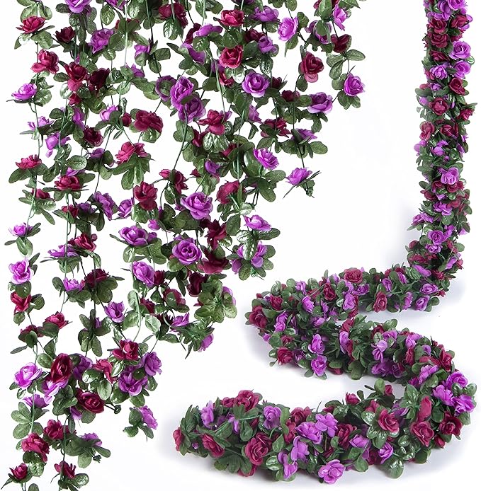 PONKING 8 Pcs x 8.2 ft Flower Garland Artificial Rose Vine Flowers with Green Leaves Hanging Fake Roses Vine for Room Party Home Wedding Birthday Christmas Wall Arch Decor, Spring Purple Flower