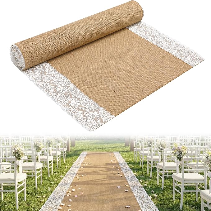 moonoom 15 Ft x 36 in Natural Burlap Wedding Aisle Runner, Rustic Jute Weddings Runway Carpet with Lace, Ceremony Burlap Carpet Roll for Beach Garden Church Reception Craft Decor