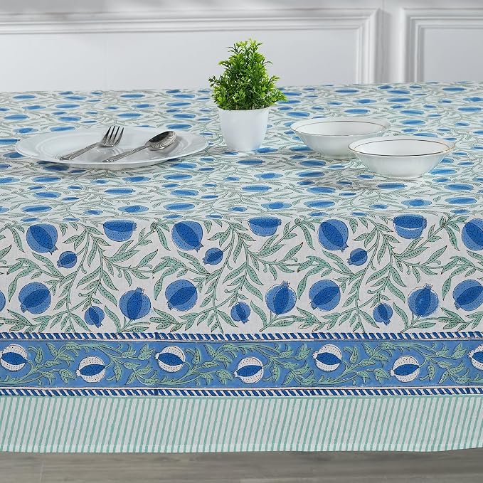 Ridhi Queen Blue Hand Block Print Cotton Rectangle Tablecloth 120" x 80" inches Reusable Table Cover Decorative Everyday Use for Dining Room, Farmhouse, Home Gift for Spring, Mother's Day