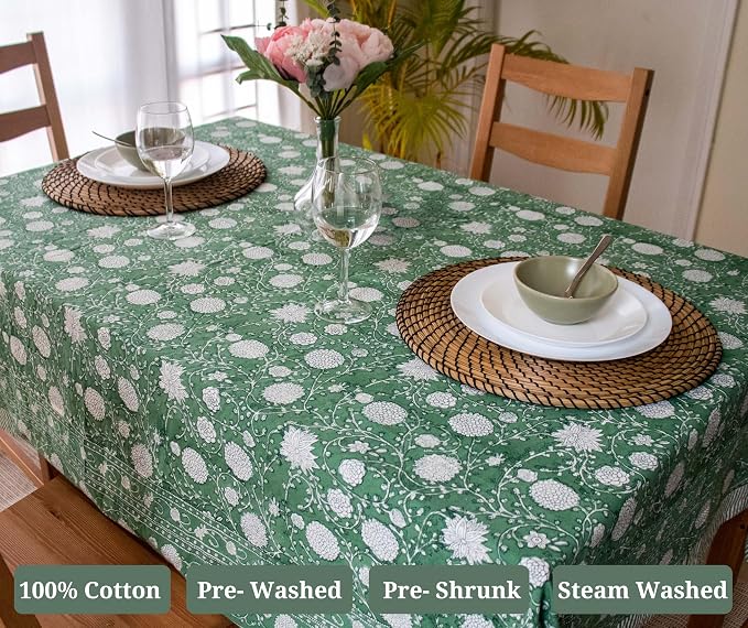Block Print Table Cloth- 60x120 Inch Rectangle 100% Cotton Handmade Pre-Shrink, Washable for Spring, Kitchen & Dining Perfect for Patio, Indoor & Outdoor, Farmhouse