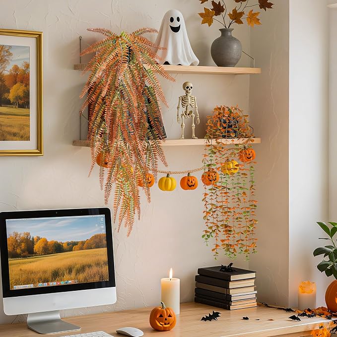 Der Rose 2Pcs Fake Fall Hanging Plants for Home Bathroom Wall Outdoor Decor | Orange eucalyptus vines for warm autumn decor accents, fall porch, patio, bathroom, kitchen wall and home entryway decor