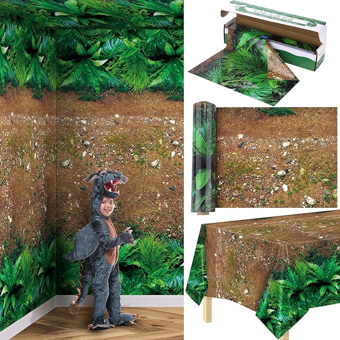 Kochorie 100 Ft x 54 Inch Forest Path Plastic Tablecloth Roll Safari Dinosaur Jungle Table Cover with Cutter Box for Birthday Baby Shower Party Supplies
