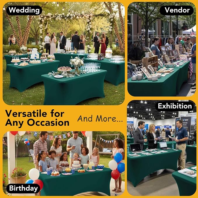 8-Pack Premium Hunter Green Spandex Tablecloths for 6ft Rectangle Tables, Stain & Wrinkle-Resistant, Washable Stretch Polyester Fitted Table Cover for Weddings, Banquets, Trade Shows Events