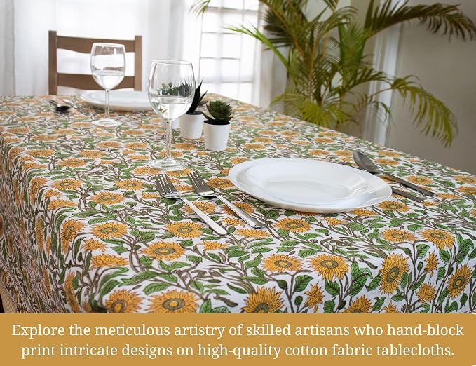 Block Print Table Cloth- 54x108 Inch Rectangle 100% Cotton Handmade Pre-Shrink, Washable for Spring, Kitchen & Dining Perfect for Patio, Indoor & Outdoor, Farmhouse