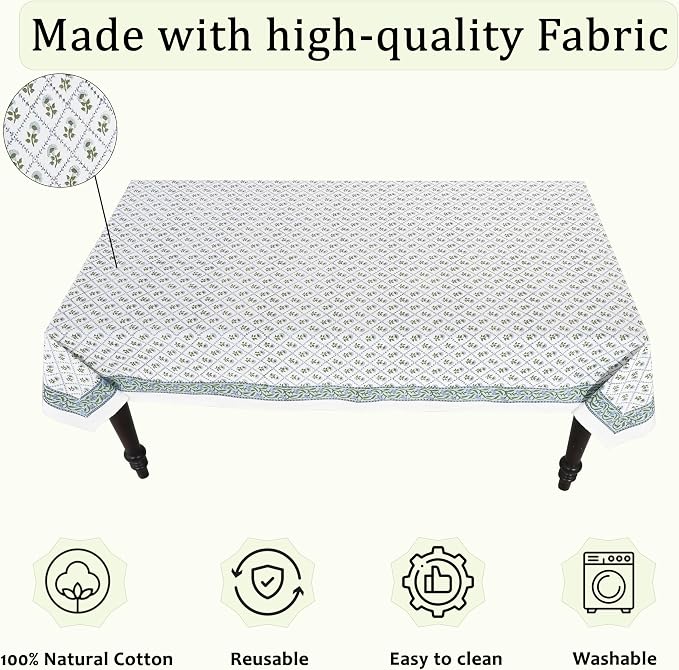 Ridhi Lattice Bloom Hand Block Print Cotton Rectangle Tablecloth 108" x 60" inches Reusable Table Cover Decorative Everyday Use for Dining Room, Farmhouse, Home Gift for Spring, Mother's Day