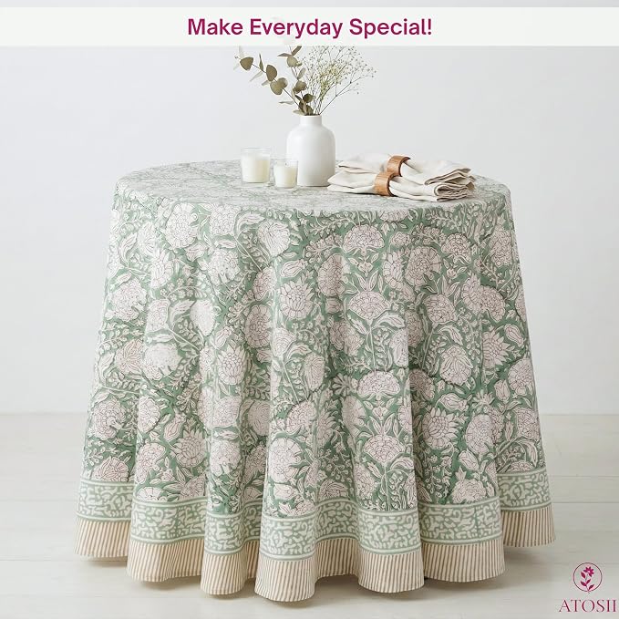 ATOSII Jade 100% Cotton Boho Round Tablecloth, Block Print Floral Table Cloth Linen for Dining, Parties, Weddings, Outdoors I Table Decor I 60" Inches Round