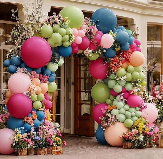 Hot Pink Green Blue Balloon Arch Kit Double Stuffed Dark Pink Olive Green Denim Blue Light Orange Magenta Peach Balloon Garland for Birthday Baby Shower Flower Wedding Summer Party Decoration