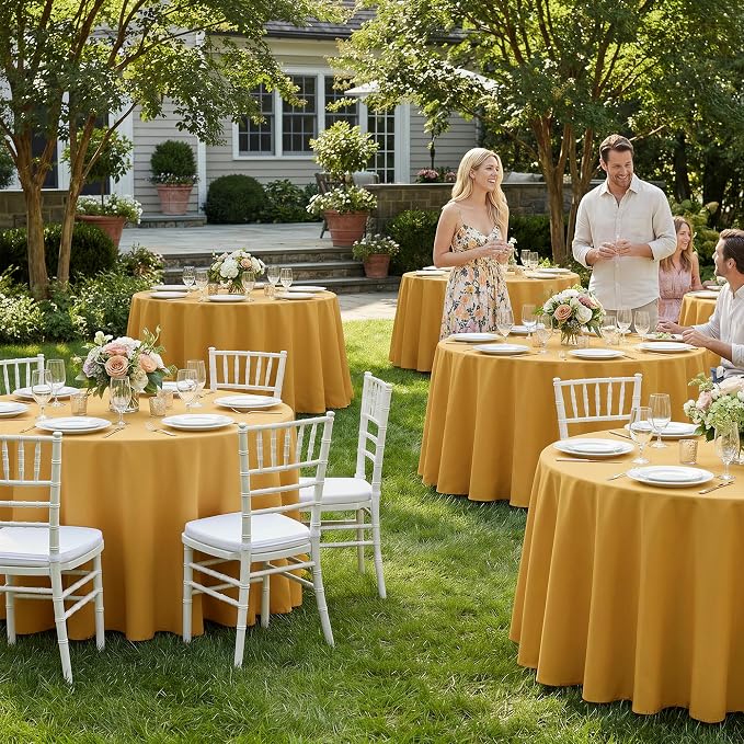Fitable 6 Pack Gold Round Tablecloths - 120 Inches Round - Wrinkle and Stain Resistant Fabric Table Clothes, Washable Polyester Table Covers for Wedding, Party, Banquet, Formal Events
