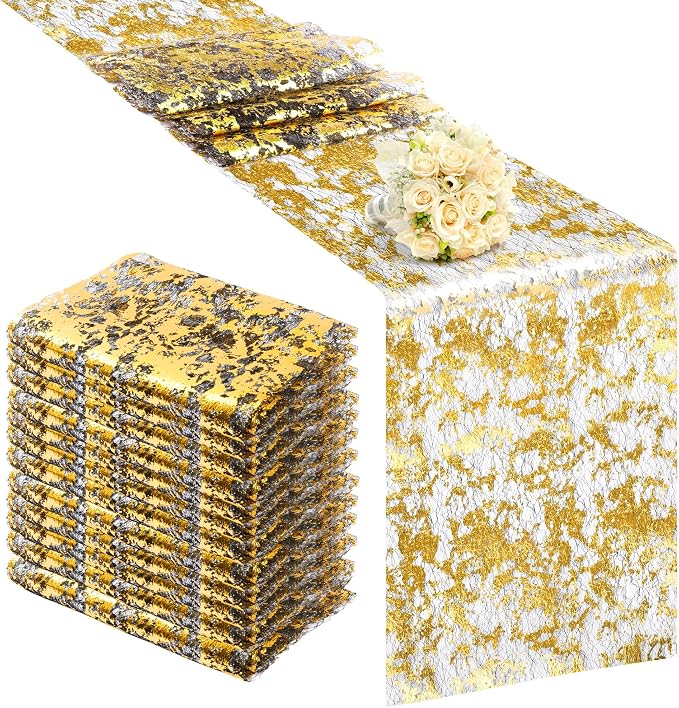 Aneco 12 Pieces Metallic Glitter Table Runner 84 x 11 Inches Black and Gold Glitter Mesh Table Runners Sparkle Rectangle Runner Roll Decorations for Wedding Baby Shower Birthday, DIY Home Decor