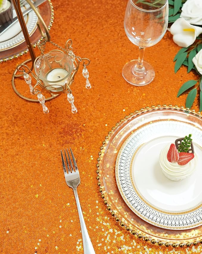 Eternal Beauty Orange Tablecloth, 60x120 Inch Sequin Rectangle Table Cover for Cake Dessert Exhibition Party Birthday Events