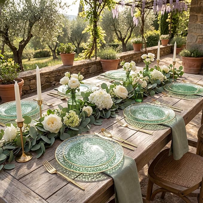 I00000 150Pcs Clear Green Plastic Plates with Gold Rim,Green Disposable Plates,Clear hammer patterned plates Set include 30 Dinner Plate,30 Dessert Plate,90 plastic Silverware Set for Party