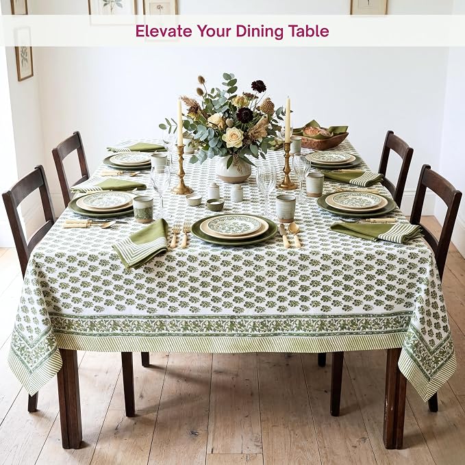 ATOSII Ivy Green 100% Cotton Square Boho Spring Summer Tablecloth, Handblock Floral Table Cloth Linen for Kitchen Dining I Parties Wedding Outdoors Picnic Easter Decor 60 X 60 Inches I 4 Seater