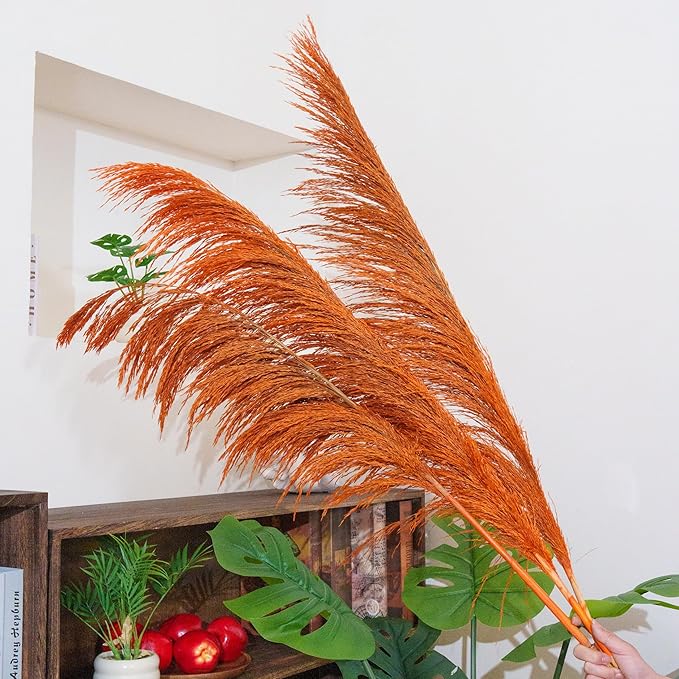 Burnt Orange Pampas Grass Decor Tall,Long Natural Pampas Grass for Floor Vase , Dried Pompas Floral, Elegant Feather Flowers,Wedding Living Room Decorations(Natural Orange, 6pcs 43.3"(110cm))