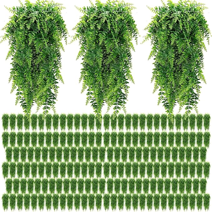 Geosar 128 Pcs Artificial Hanging Plants 32 Inch Hanging Boston Ferns Plastic Fake Plants for Wall Room Garden Wedding Garland Indoor Outdoor Decoration, No Basket