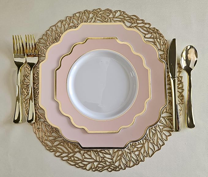 OCCASIONS Pink Plastic Plates - 50 Plates Pack (25 Guests) Heavyweight Disposable Dinner & Dessert Plate Set for Wedding, Party, Baby Shower (25x10.5" + 25x8") Imperial in Blush Pink & Gold