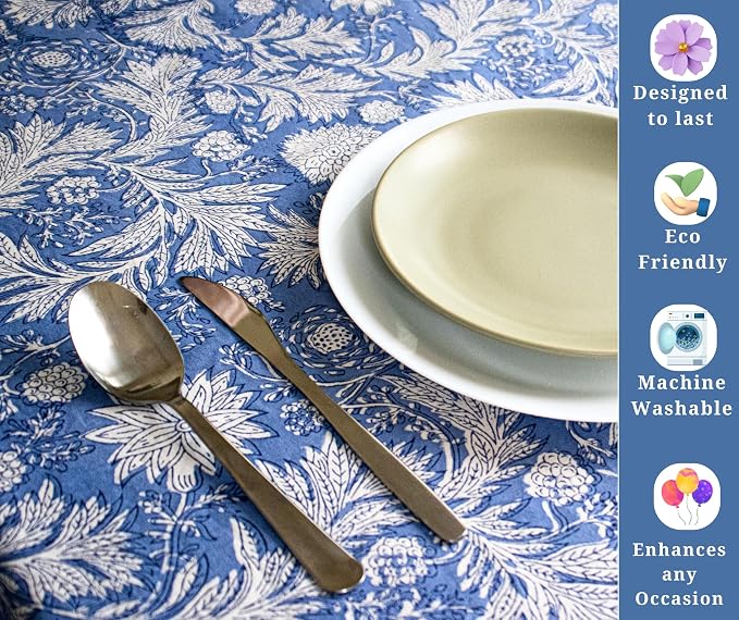 Block Print Table Cloth- 60x120 Inch Rectangle 100% Cotton Handmade Pre-Shrink, Washable for Spring, Kitchen & Dining Perfect for Patio, Indoor & Outdoor, Farmhouse