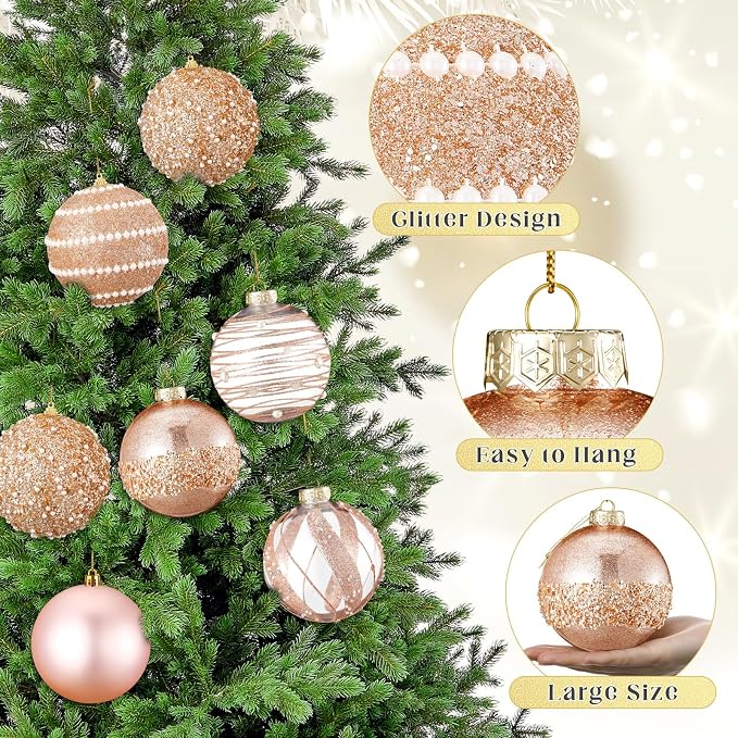 Lyrow 12 Pcs 4 inch Christmas Balls Ornaments Glitter Shatterproof Christmas Decorations Tree Balls Sparkly Holiday Ornaments Bulk for Xmas Trees(Rose Gold)