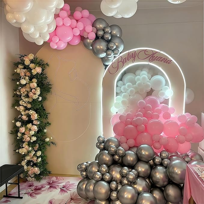 Pink and Silver Balloon Arch Kit, Pastel Pink and White Metallic Silver Different Size Latex Balloon Garland for Girls Women Birthday Baby Bridal Shower Wedding Princess Theme Party Decorations