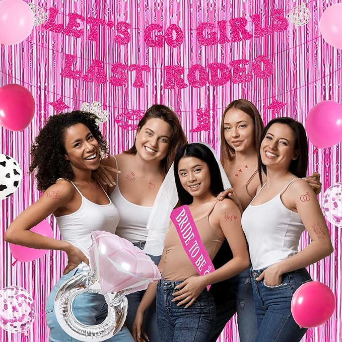 Roetyce Last Rodeo Bachelorette Party Decorations, Pink Bride To Be Sash Veil Fringe Curtain, Let's Go Girls Banner Balloons Temporary Tattoos Kit, Cowgirl Western Bridal Shower Wedding Decorations