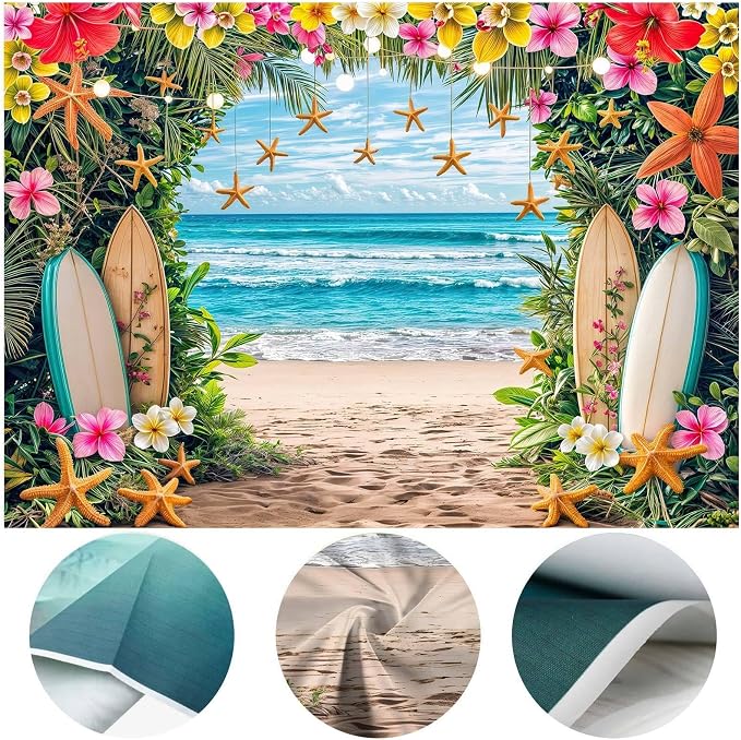9x6ft Summer Hawaiian Beach Backdrop Tropical Flower Flamingo Palm Leaves Surfboard Backbrops Photography Background for Aloha Luau Theme Party Decorations Banner Photo Props