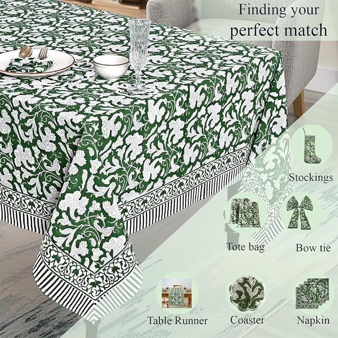 Ridhi Pantone Artichoke Hand Block Print Cotton Rectangle Tablecloth 190" x 72" inches Reusable Table Cover Decorative Everyday Use for Dining Room, Farmhouse, Home Gift for Spring, Mother's Day