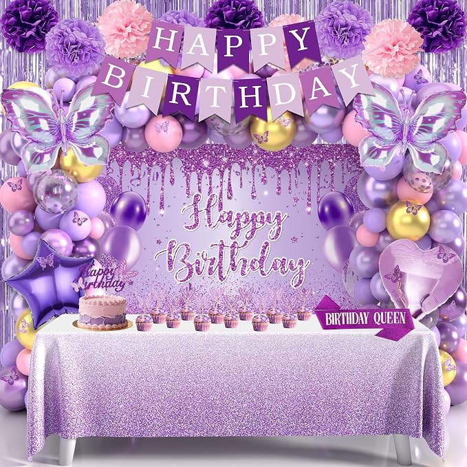 Purple Birthday Decorations for Women Girls Purple Party Decorations with Purple Balloon Arch Sash Banner Backdrop Tablecloth Cake Topper