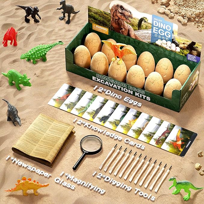 12 Dinosaur Eggs Dig Kit Toys for Kids, Dinosaur Eggs Excavation Kit with Magnifier, Easter Basket Stuffers, Science STEM Birthday Party Favors Gifts for Boys Girls Age 3 4 5 6 7 8 9 10 + Years Old