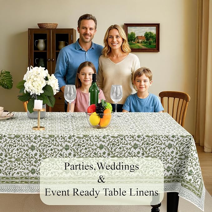 CPC Meadow Vine Tablecloth 100% Cotton 72x160 Inch Indian Block Print Rectangle Table Cover, Table Cloth for Gifting in Weddings, Halloween, Fall, Christmas, Thanksgiving