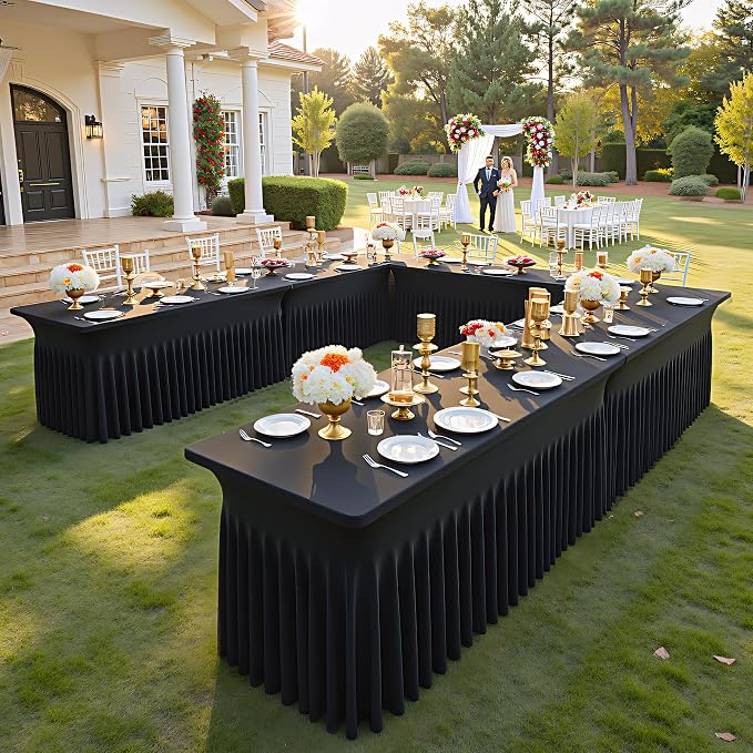 Black Spandex Table Cloths for 8 Foot Rectangle Tables, 2 Pack Wrinkle Free Fitted Table Cover 8ft Tablecloth Stretchy Table Skirt for Parties Weddings Banquet Birthday Baby Shower