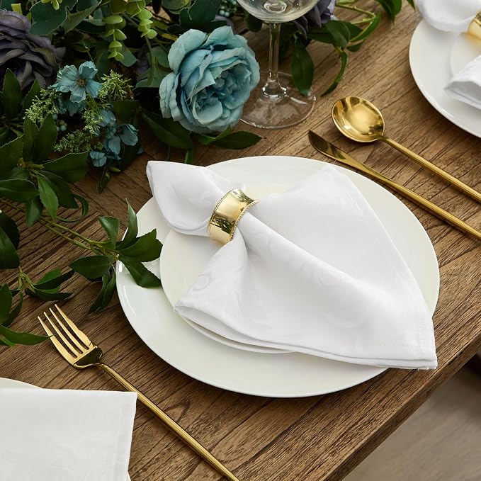Newbridge Barcelona Luxury Damask Fabric Tablecloth, 100% Polyester, No Iron, Soil Resistant Holiday Tablecloths and Napkins, 60 x 102 inch Rectangle, White