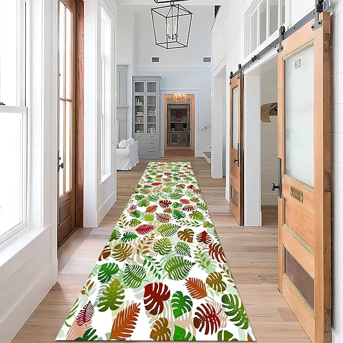 Palm Leaf Kids Runner Rug, 2x8ft, Green Colorful Leaves Palm Leaf Hallway Runner Rug, Small Cute Bath Mat Nursery Corridor Carpet, Non Slip Long Carpet for Bedroom Children Room Kitchen