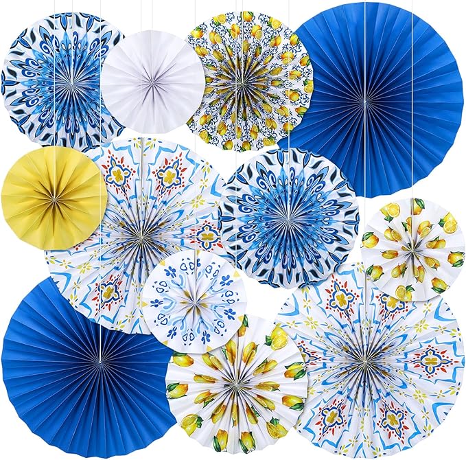 Feifeiya 12 Pcs Capri Lemon Hanging Paper Fans 8'' 12'' 16'' Blue and Yellow Capri Lemon Paper Fans Set Round Porcelain Print Hanging Summer Mediterranean Decorations for Birthday Wedding Events Party