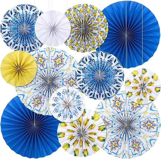 Feifeiya 12 Pcs Capri Lemon Hanging Paper Fans 8'' 12'' 16'' Blue and Yellow Capri Lemon Paper Fans Set Round Porcelain Print Hanging Summer Mediterranean Decorations for Birthday Wedding Events Party