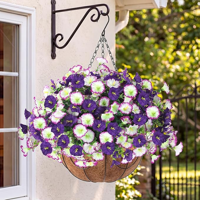 Artificial Flowers for Outdoors with Baskets Hanging Plant Faux Flowers UV Resistant Fake Silk Morning Glory with Eucalyptus for Planter Porch Garden Home Spring Summer Decoration(Gradient Purple)