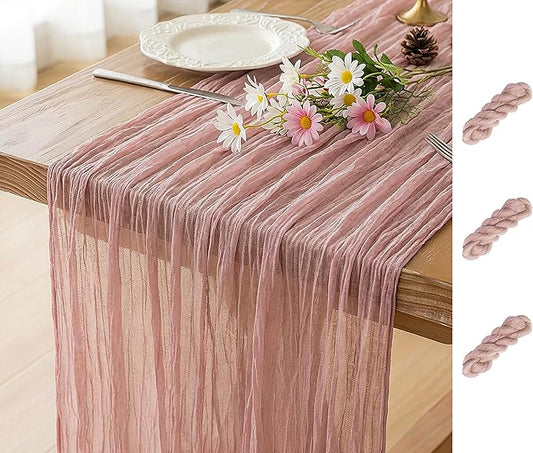 FEXIA 3 Pack Table Runner Dusty Pink Cheesecloth 35x120 Inches Spring Easter Table Runner Burnt for Wedding Decor Reception Bridal Shower Centerpiece Engagement Decor