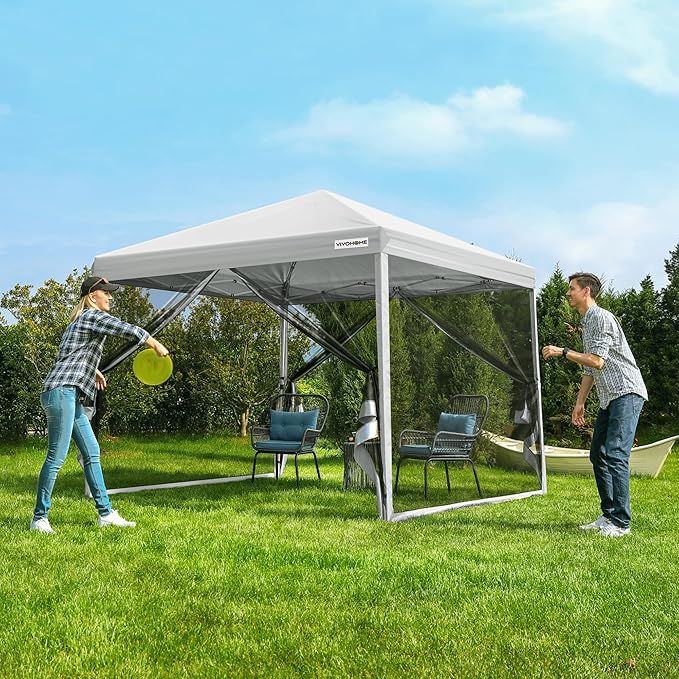 VIVOHOME 10x10ft Easy Pop-Up Canopy, Outdoor Screen Tent with Mosquito Netting, 2 Zipper Doors, and Roller Bag for Yard Camping Picnic Party Events, White