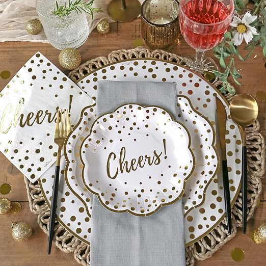 Kate Aspen 72pc Gold Foil Cheers & Dots Tableware Set Party Kit - 24pcs 7 inch & 9 inch Heavy Duty Disposable Party Plates, 24pcs 6.5 inch Durable Paper Napkins