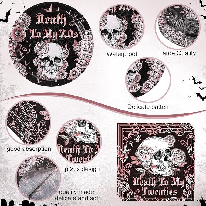 Funnymoom 452 Pcs Death to My 20s Decoration for Her Serves 50, Black Rose Gold Rip 20s Paper Plates Napkins Cups Tablecloth Cutlery Straw for Women Death to My Twenties 30th Birthday Party Supplies